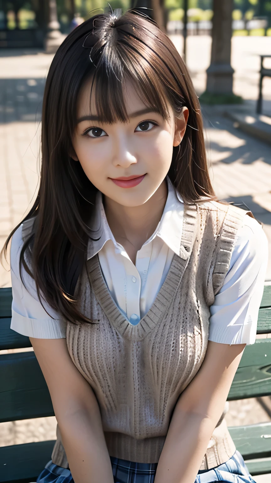 upper body close-up photography anatomically accurate 5 fingers in front of a machine ((( straight hair with bangs))) (((Overhanging big ))), school uniform, short sleeve shirt (((Sweater Vest))) looking at camera (((In the shadows of the park))) sitting on a bench cute charming smile emphasizing sensual body