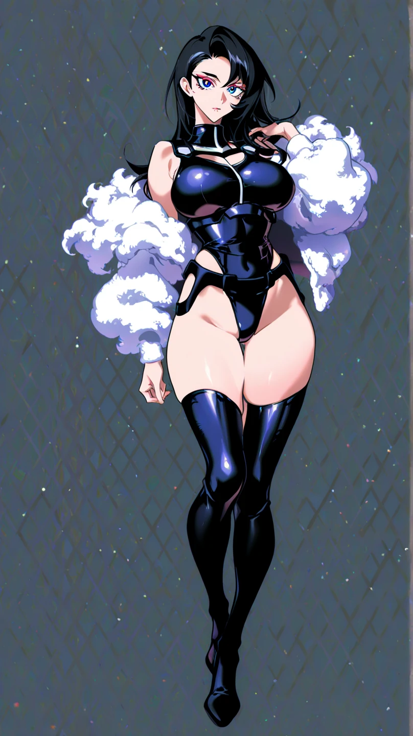 spider gwen style, marvel, ghost spide, beidou genshin inpac wearin spider gwen clothes,  Beautiful woman, mercenary, heroic, , sitting cross-legged, wet beachwear, long breasts, detailed realistic cyberpunk style, black hair, masterpiece, extreme quality, perfect eyes, perfect body, perfect face, cinematic light, digital drawing, neckline, large breasts, 1girl only, 2 legs only, two arms, perfect body, mature female, soft, perfect and detailed hands, detailed background, thick eyelashes, makeup, eyeshadow, curvy, inside a ship