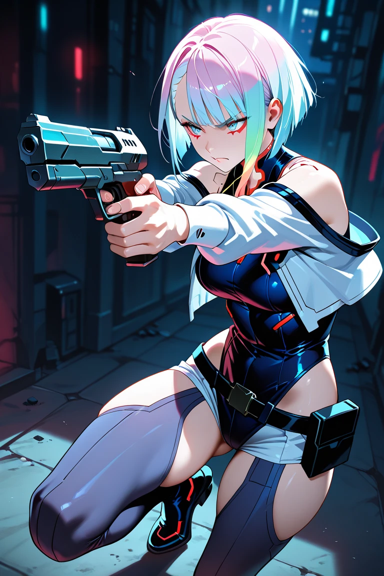 (grainy:0.5), cinematic,girl,adult, space, serious, aiming gun, volumetric lighting, isolation, horror, perfect anatomy, hyperrealistic, dark lighting, bioluminescent details