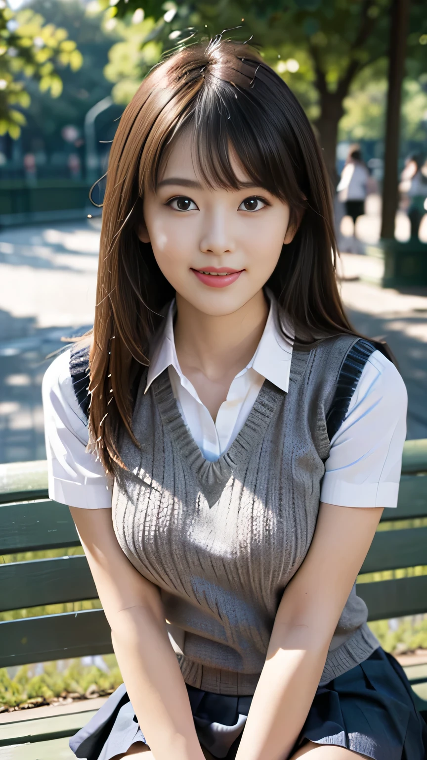 upper body close-up photography anatomically accurate 5 fingers in front of a machine ((( straight hair with bangs))) pleated skirt, (((Overhanging big ))), school uniform, short sleeve shirt (((Sweater Vest))) looking at camera (((In the shadows of the park))) sitting on a bench cute charming smile emphasizing sensual body