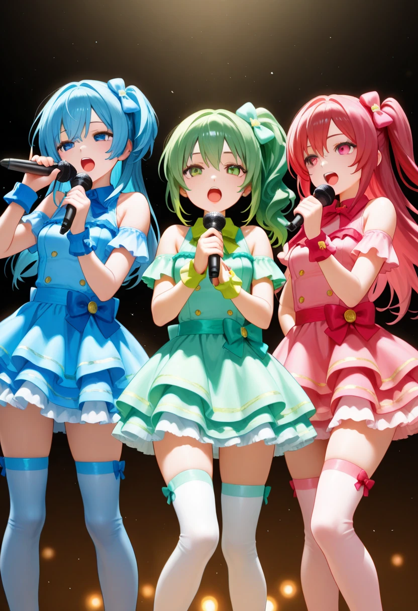 An idol singer with twin vocals and guitar of a super cute beautiful girl with green hair short and bare legs wearing a flared skirt with green hair in the background of outer space, and a beautiful beautiful woman with long pink hair and a tight skirt and black fishnet stockings2People face to face, wearing headsets, singing and dancing cheerfully、Stars of the galaxy in outer space々and shooting stars、Glittering hair ornament、Very smooth hair,detailed hairs,Very fine hairs,Young shiny hair、(Raw photography、top-quality:1.5)、(realisitic、Photorealsitic:1.5)、Masterpiece