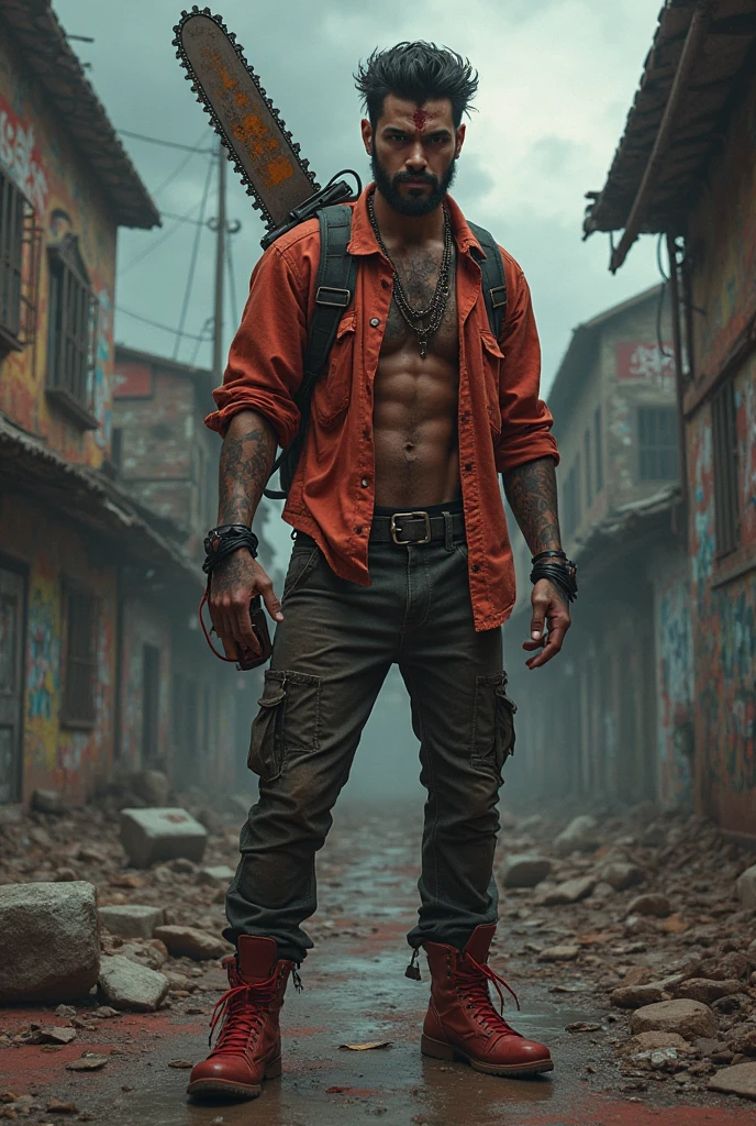 Create an image of a muscular character standing in a grassy field at night. The character is wearing an open jacket, revealing their defined abs. The jacket has red cuffs, and the character is wearing dark pants. Their face is partially covered with a skull mask, giving them a mysterious and threatening appearance. The lighting is dim, adding to the dark and enigmatic atmosphere, fighting pose. Un hombre muy musculoso, fisicoculturismo, and strong constitution. He has a well-defined jaw and a serious expression, doesn't look at the camera. Su piel es clara, y tiene barba corta. karateka, pants, chaqueta gruesa abierta mostrando su torso bien definido, hermoso rostro，lleno de luz，Una mirada decidida, corte militar, ruso, apocalyptic city background, luchando contra zombies, punches against zombies, torso peludo, cara mirando a otro lado, no background vacío, dinamic pose