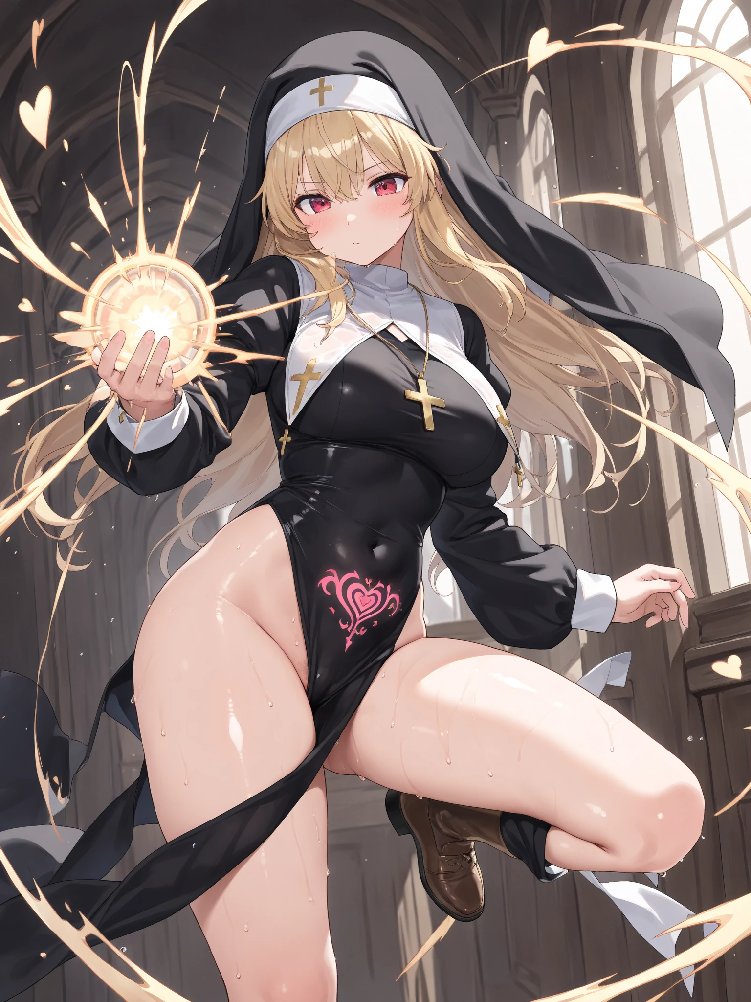((female wizard hiding face with a hood, prayer)), luxurious robe, triumphant smile, ritual, ((arch body, squatting in the magic circle, spread legs, thigh-high)), ((Giant magic circle)), pubic hair, angle from below,