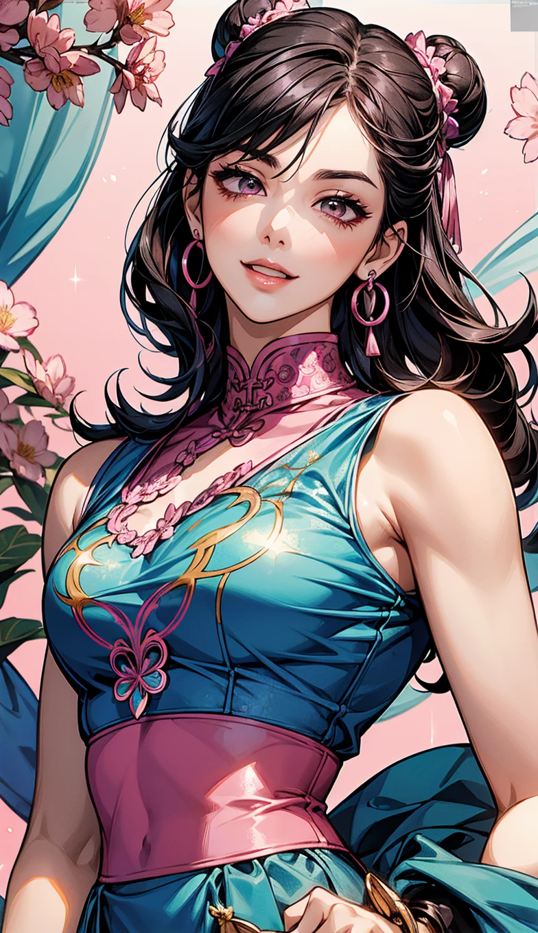 (absurderes, A high resolution, Ultra detailed, hdr), Masterpiece, Best quality, Portrait of an Indian
Goddess Lakshmi, extreme realistic very beautiful, animated style, closeup shot, anime in a(((pink))) indian dress (((saree))), long black wavy hair untied, head jewellery, necklace, earings, armlets, bangles and bracelets, rings, pleasant expression, bright big black eyes, holding a lotus flower, natural beauty, vibrant colors, dreamy, northern light, pink bubble, romantic, soft lighting, vintage aesthetic,big breasts, cleavage