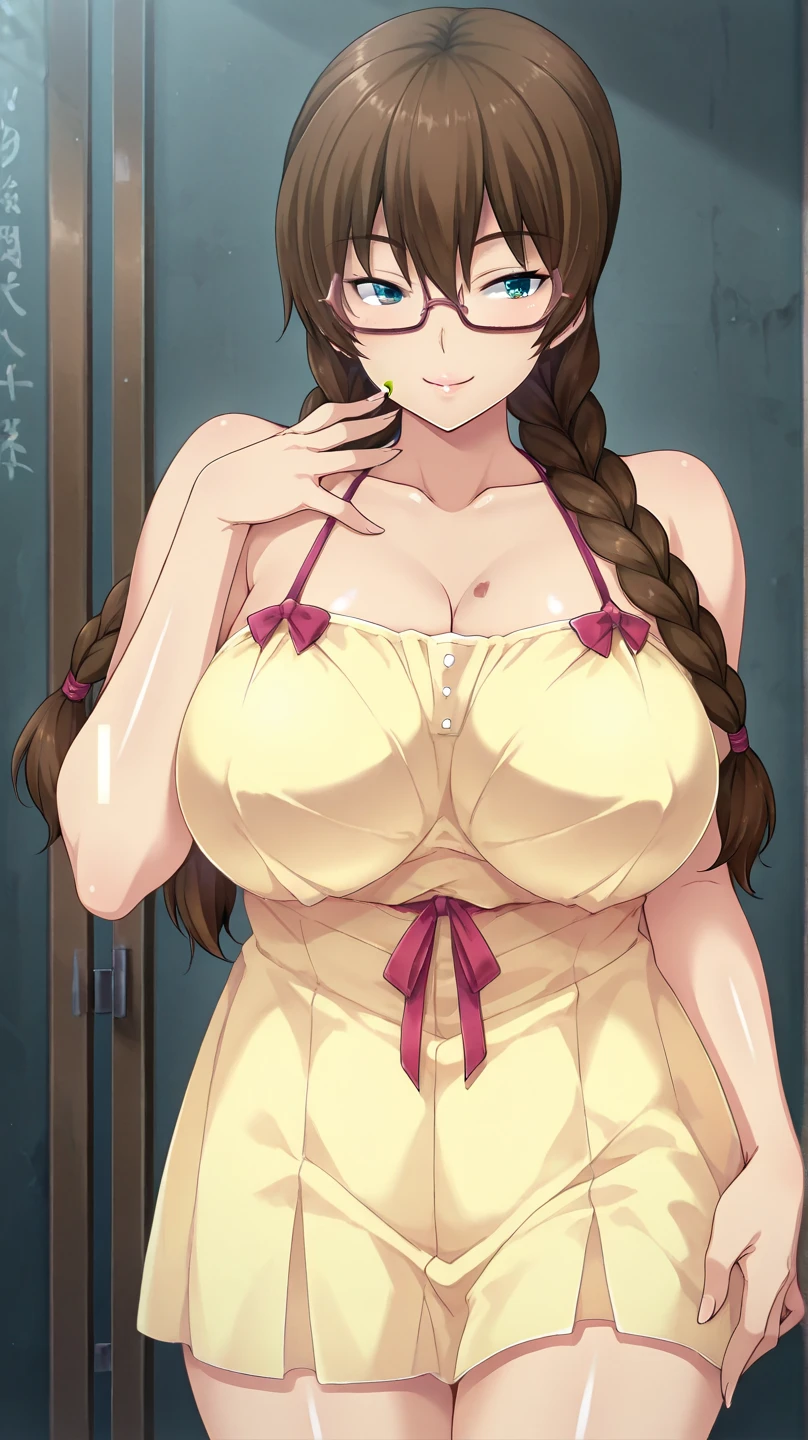 1 girl, Solo, ichika nakano, (white apron), big breasts, cleavage, thighs, brown background, (blush:1.2)