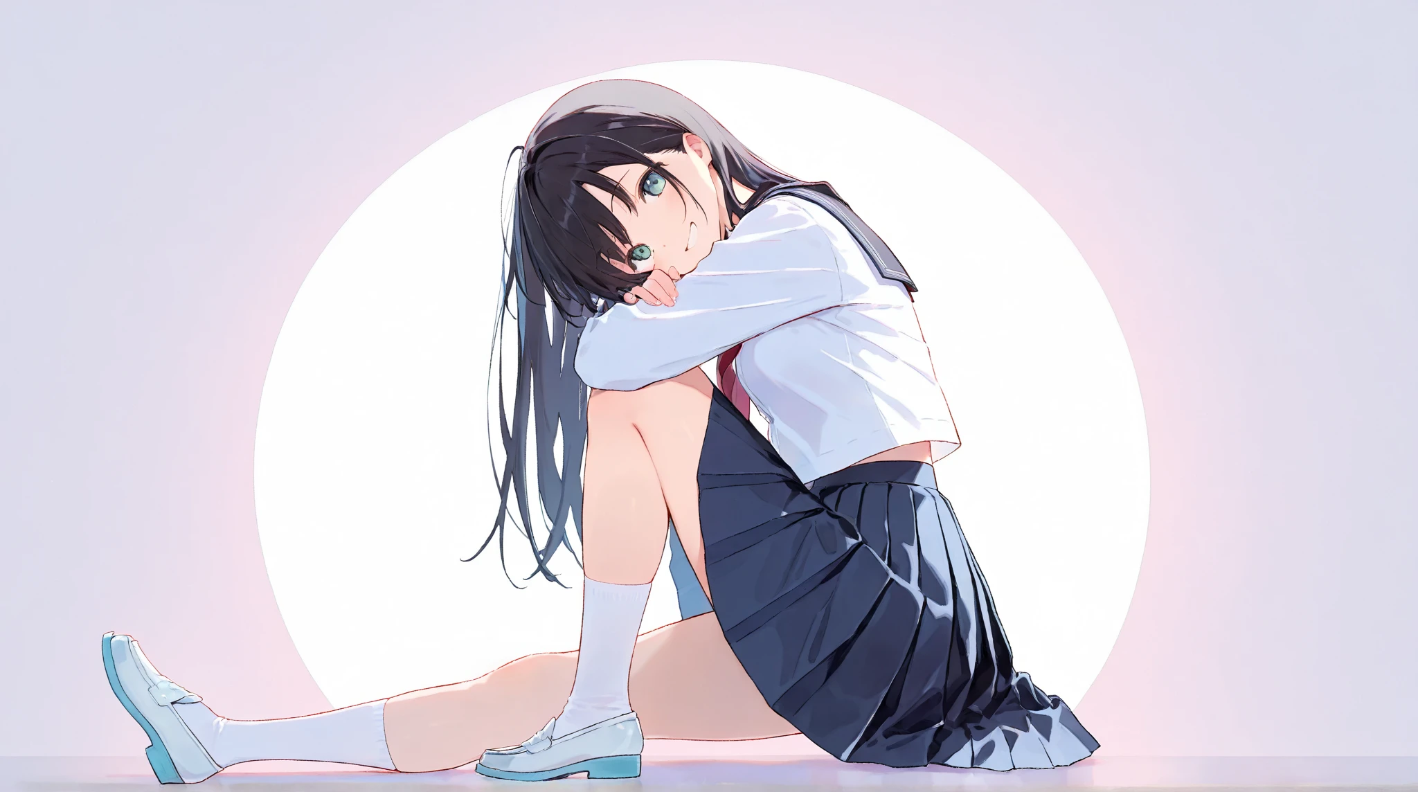 A 16-year-old high school girl with long black hair and wearing a school uniform is squatting down with tears streaming down her face.