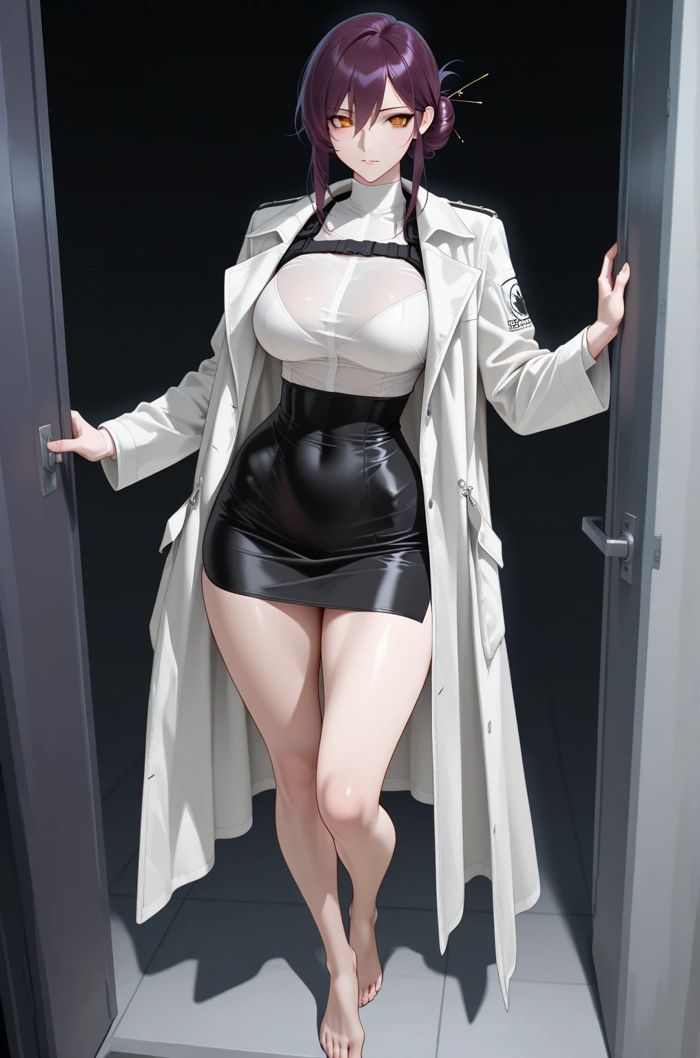 dark fantasy anime illustration of a (mature MILF BIMBO albino skin and short white hair), (FULL BODY) perfect face, wearing tight leather stealth armor, stalking, BIG KNOCKERS CLEAVAGE, lustful smirking smile red blush red cheeks, chain leash, kneeling, shackles, leather black collar slave, ((BLACK background)) hands on glass WITH KNOCKERS on glass, glass window fog water drop, 5 fingers each hand, metal handcuffs, black choker collar, thighhighs, long legs, metal ankle, metal sandals, metal shoulders, standing straight symmetrical against glass