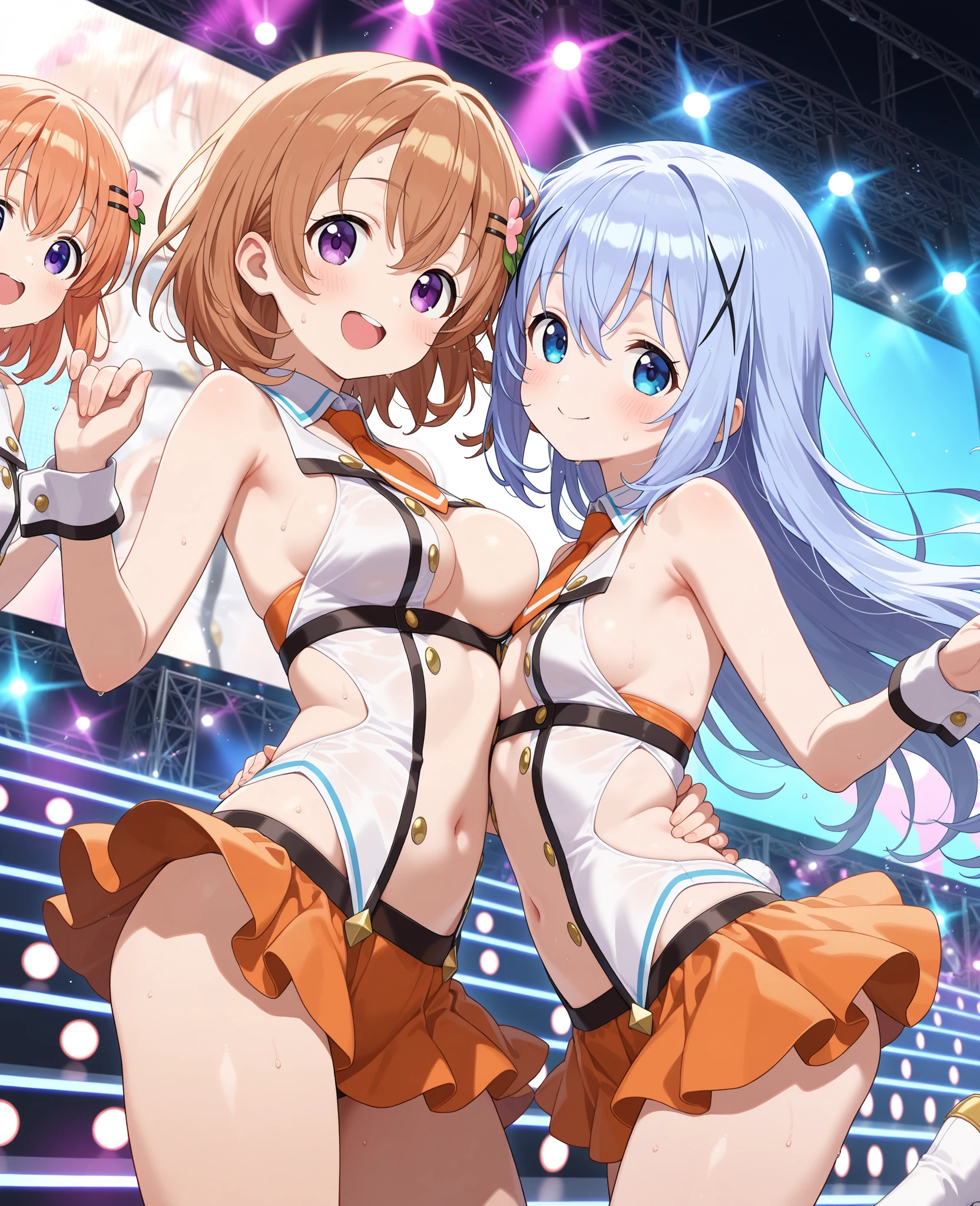 ((masterpiece、Highest quality、Official Art))、snap shot、Idol Concert、Concert Stage、(3人のcute girls、12 yee、sing、dance、Ribbon headband、Ultra mini skirt:1.2、Idol Costumes)、Exposing the breasts、Hair of dt colorr.々Hair style、(((Full nudity、Pussy、cute)))、(Swlot、GloSkin)、Anime key visual, ((The characters are unique))