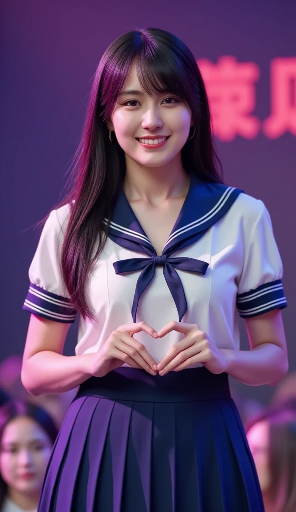(8K), (highest quality: 1.2), (realistic), (realistic: 1.47), ultra high resolution, 1 girl, cute, smile, closed mouth, (thick lips:1.2),red lip,(Purse your mouth),beautiful details, beautiful nose,(Straight shiny black hair),(With a black ribbon on her head),(ponytail hair),Crouching on the concert stage,hold the microphone in your right hand,Bend your elbows and raise your hands,(University Student Uniform,A simple navy blue blazer,white satin shirt,tie,Tartan Check Pleated Skirt,Bruny High Socks:1.2),(Close up on wet thighs:1.2),(knees),(super low angle:1.3),(medium shot),(shot from behind)
