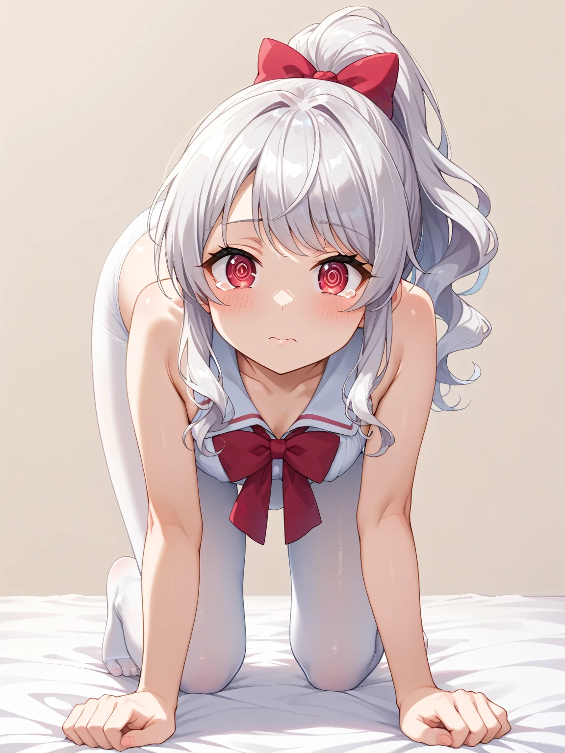 1 chica, 8k, Tony Taka, cara cerca del espectador, cara frente al espectador, low angle, mintiendo on her stomach, hombros descubiertos, dedos detallados, escote, pies arriba, mintiendo, piernas desnudas, 5 dedos de los pies, toenails, pie perfecto, single, pies perfectos, small breasts, pale white skin, coletas cortas, pelo blanco, solid red lips, minimalismo