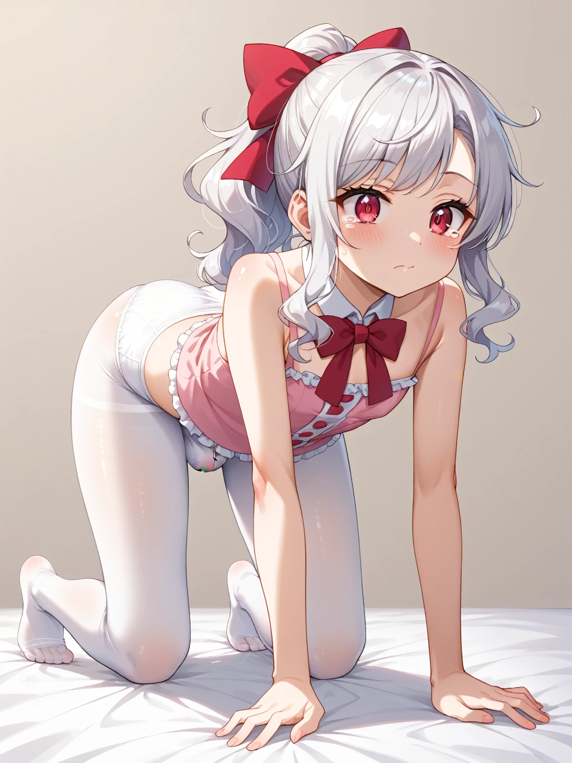 (masterpiece), (best quality), simple background, kneeling, 1girl, white hair, red eyes, loli, white stockings, focus on feet