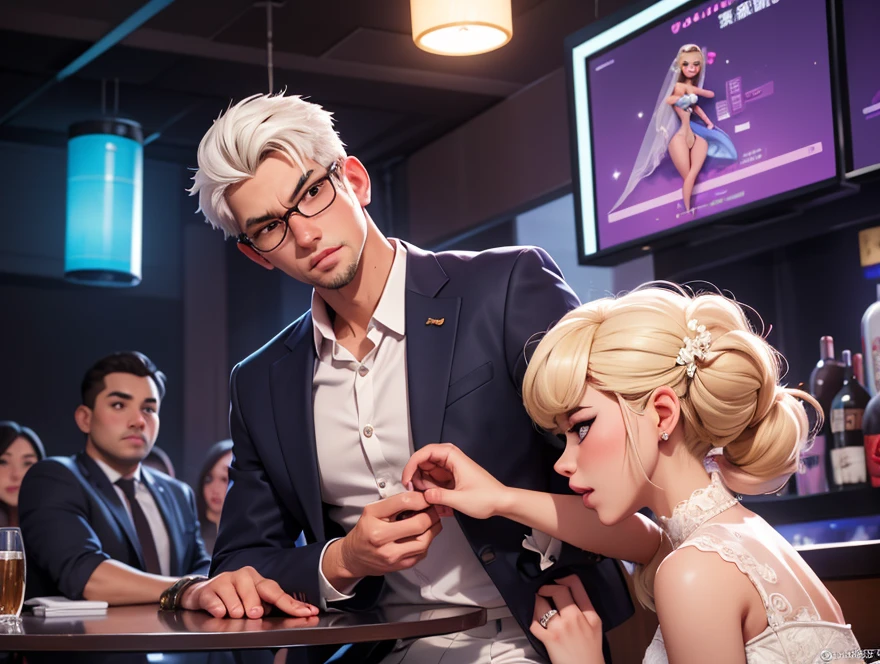 naked girl:1.4, old businessman stands beside naked girl, naked girl, naked girl, naked girl, naked girl with large natural breast and nipple and pussy and blond bob haircut and very detailed eye and blue eye and red lipstick and bowtie and pearl earring and black stockings and white gloves and is completely naked and is standing in movie theater, old businessman holds naked girl, old businessman holds naked girl, old businessman holds naked girl, indoors, crowd of businessmen in the background, girl is naked, girl is naked, girl is naked,