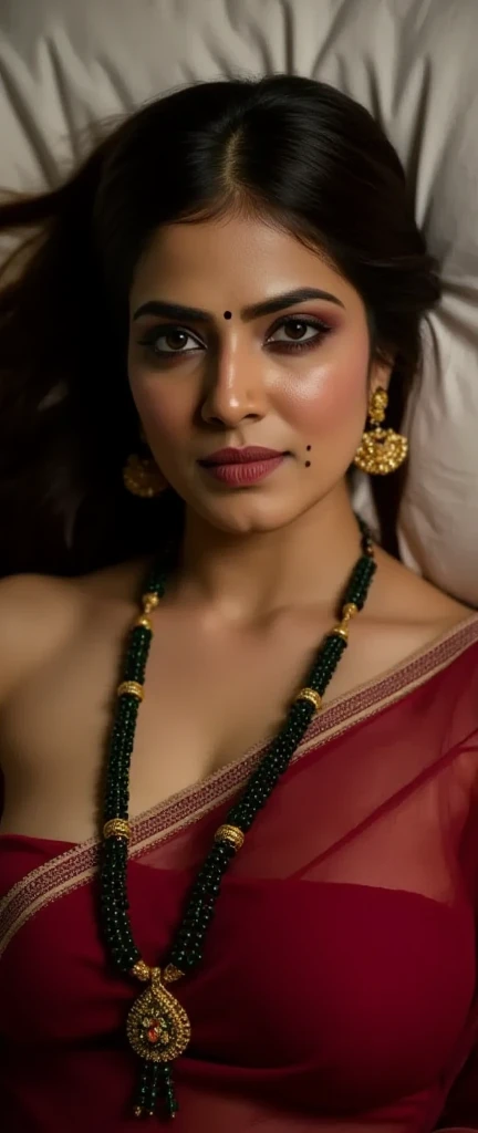 A hindu devi yakshini, a hot body, big breast, thick thighs, wearing saree with blouse and bikini, golden jewelry, doing poses standing, in bedroom, and with horny face.