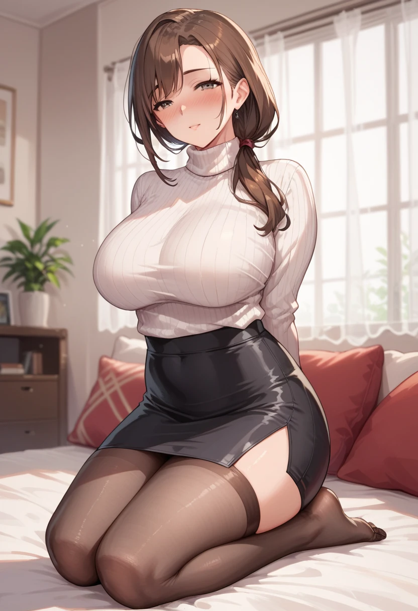 (table top, highest quality, High resolution, , perfect pixel, 4k,), 1 girl, single, alone, Beautiful woman、I could see the whole body、 ((wavy mid-length hair, bangs, brown hair)), ((brown eyes, beautiful eyelashes, realistic eyes)), ((detailed face, blush:1.2)), ((smooth texture:0.75, realistic texture:0.65, realistic:1.1, Anime CG style)), medium breasts, dynamic angle, perfect body, ((, female teacher, , earrings、necklace、turtleneck sweater、、black knee high stockings、open both legs wide、、shy smile、sit at the podium in the classroom、emphasize the chest)), Upper grade、、、evening、、(You can see the blue and white lace panties、、(、)、angle from below)、