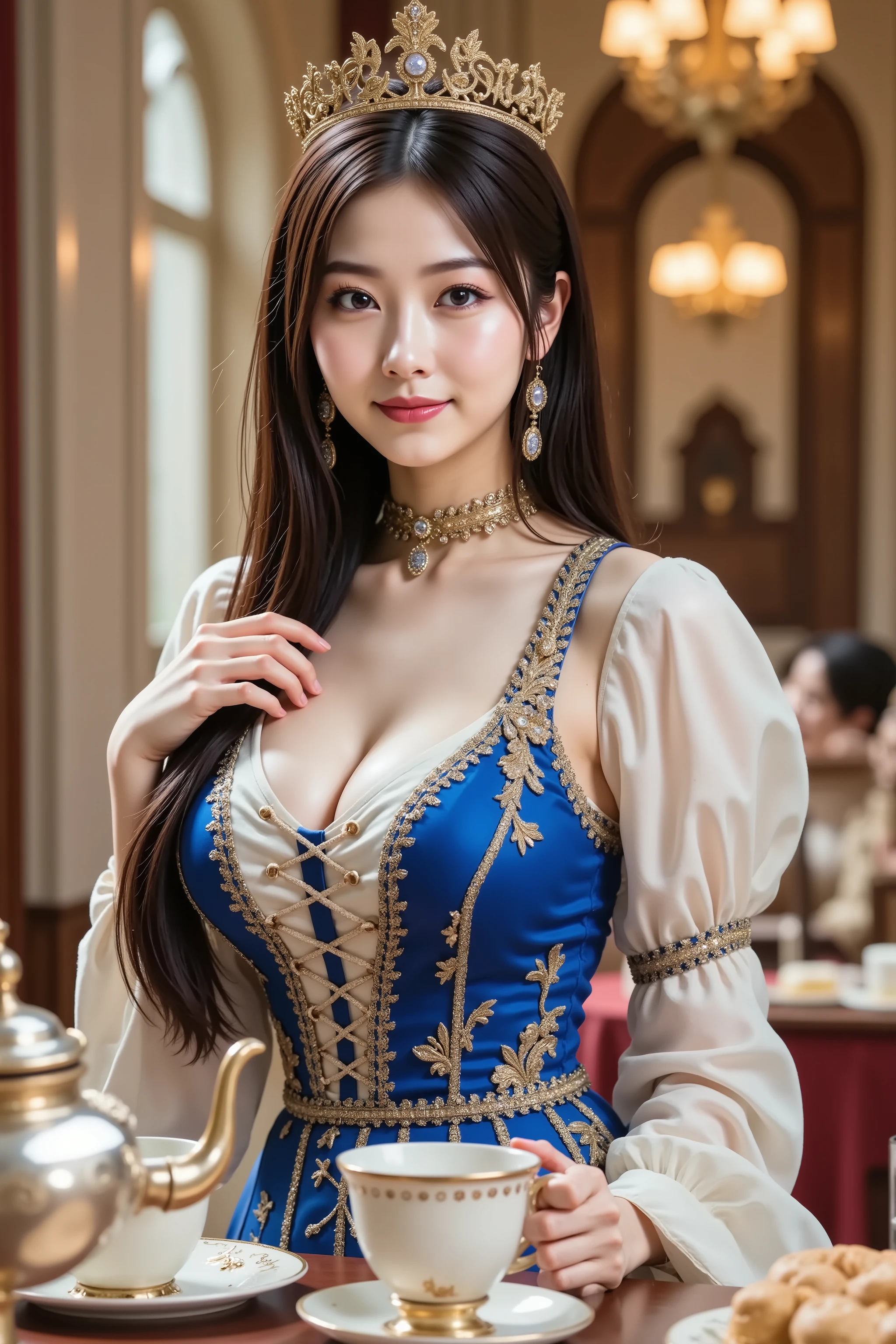 A stunning slender young woman with voluminous full breasts and prominently displayed deep cleavage sits elegantly at an ornate tea table, wearing an elaborate royal blue and gold ceremonial dress with intricate baroque patterns, ornate golden embroidery, decorative lace-up corset bodice with metallic threading, puffy white sleeves with golden trim, layered ruffled skirt with detailed golden borders, ornate tiara crown with delicate filigree metalwork and gemstone accents positioned on her head, long flowing hair styled in an elegant side braid draped over one shoulder with individual strands rendered with photorealistic detail, piercing blue eyes with detailed iris patterns, pale porcelain skin with subtle makeup, delicate hand positioning with one hand gracefully touching her neck near an ornate choker necklace while the other rests on the table, surrounded by elaborate tea service including ornate golden teapots with baroque handles, decorative porcelain cups and saucers, silver serving trays, crystal sugar bowls, elegant pastries on tiered stands, set within a grand interior featuring gothic arched doorways, ornate hanging lanterns with warm golden light, classical columns, rich tapestries, marble surfaces with veined textures, captured in ultra-high definition digital photography style with cinematic composition, shallow depth of field focusing on the subject, warm golden hour lighting with soft diffused illumination, rich color palette dominated by deep blues, warm golds, and creamy whites, professional portrait photography with elegant mood and sophisticated atmosphere.