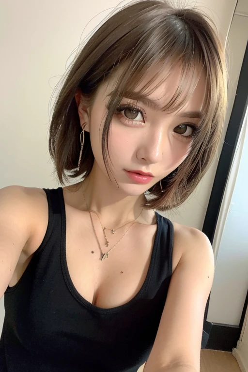 ((Highest quality, 8K, masterpiece :1.3)), Sharp focus :1.2, Beautiful woman with perfect figure :1.4, Slim Abs :1.2, ((Layered Haircut, Big Breasts :1.2)), (A tank top shirt with a large open chest :1.３), (street :1.2), Highly detailed face and skin texture, Fine grain, double eyelid
