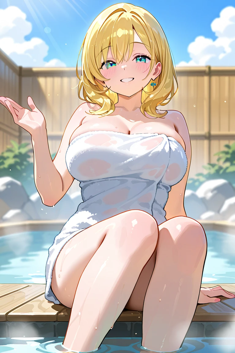 1girl, big breasts, big thighs, blue eyes, curly long hair, ram horns, lewd smile, split lips, blushed, thick thighs, white hair, nsfw, completely naked, realistic pussy, high detailed, earring, ruby necklace, collarbone, spread legs, looking at viewer, detailed background back garden, sitting on pool, NSFW