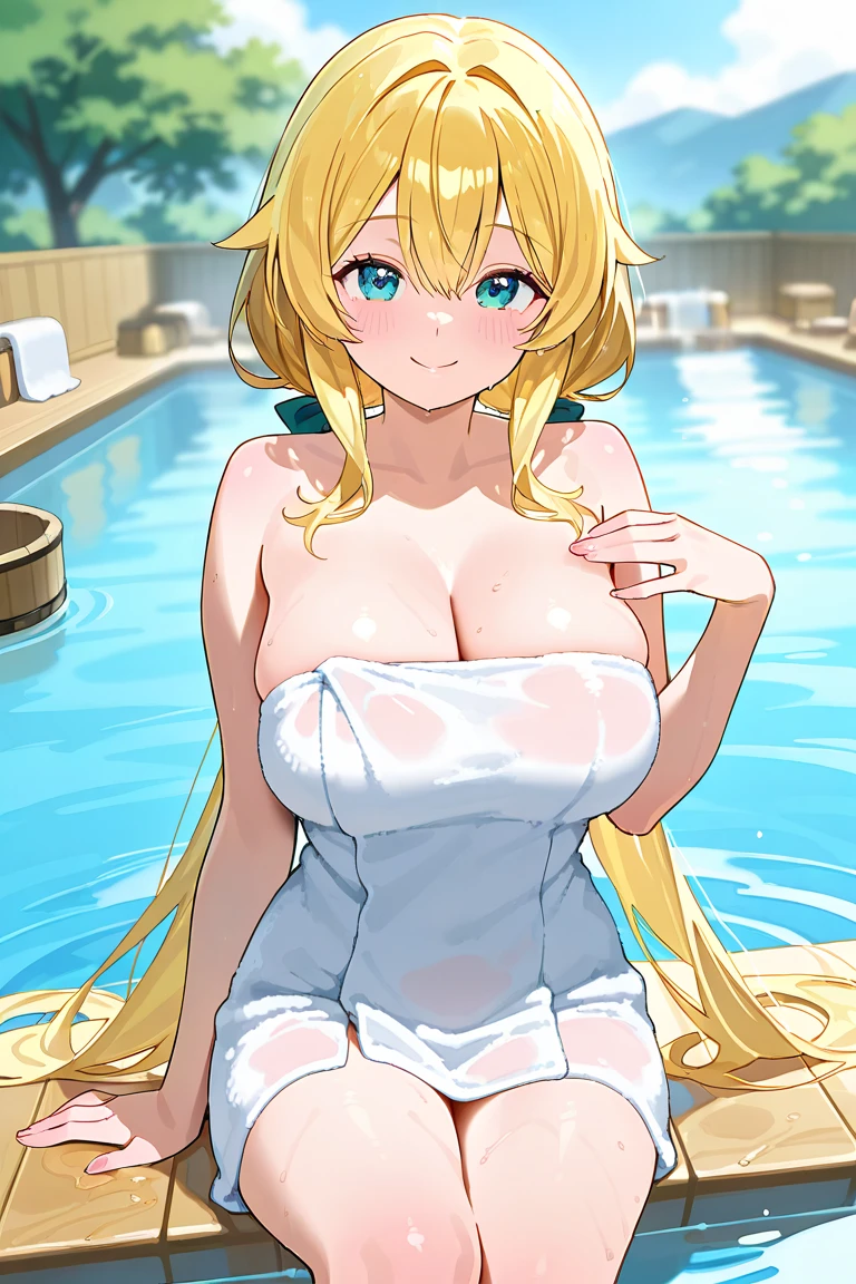 (8k, masterpiece), high resolution, best quality, sophitia, blonde hair,breasts,long hair,blue eyes, bathing naked in an outdoor onsen, giving a cute and sexy smile, spectacular dynamic lighting, vivid colors, delicate face, detailed skin, detailed hands, detailed breasts,