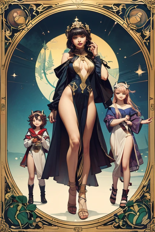 タロットカードをtableの上に並べている。A mysterious and hopeful image。Depiction of only hands、tarot appraisal、divination、table three women in a fantasy setting, triad of muses, Hecate, Aphrodite, wolf goddess, !5 three-eyed goddesses, the three destinies, goddess Hecate, tom bagshaw artstyle, tom bagshaw artstyle, by tom bagshaw and boris vallejo, artgerm and tom bagshaw, tom bagshaw style, from tom bagshaw