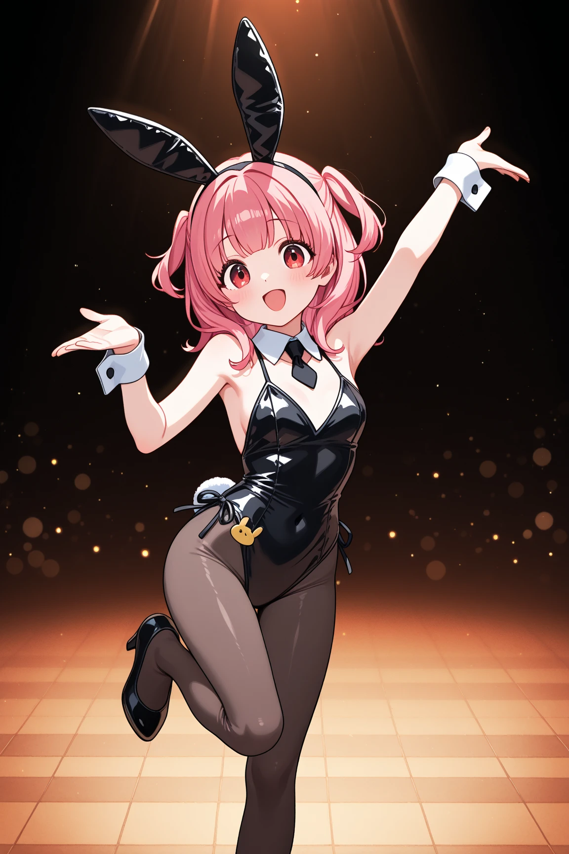 (yuri 2girls:1.5), (one girl with closs hair pin,pale purple hair,wavy two braids,blunt bangs hair,green and black eyes,
pink shirt,cosplay, jirai kei, bangs, black skirt, black bow, looking at viewer, bow, long sleeves, choker, ribbon,pink lips, :1.4),(other girl with pale purple hair,wavy blunt bangs hair,green and black eyes, Black bunny girl costume, red high heels,High leg, fishnet stockings, white bunny tail, black bunny ears, front view:1.3 ),BREAK, (masterpiece:1.3), anime visual, (Lovey-dovey:1.5), (tilt head:1.3), extremely delicate face, soft clean focus, realistic lighting and shading, (an extremely delicate and beautiful art:1.3), elegant, (muted colors:1.1), small breast,slim,The Moulin Rouge in Paris, mysterious pink light, a slightly dark room,look at viewer,smiling,night lit,