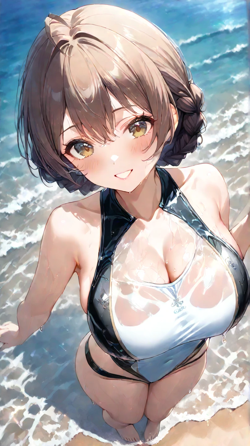 Masterpiece, top quality, ultra high resolution, (photorealistic photo: 1.4), ((1 girl, white fair skin: 1.4, kneeling, from above, looking up at the viewer, face closeup, 19 years old, pretty, cute, black hair, bob_cut, short hair with bangs, large breasts: 1.6)) (bikini swimsuit: 1.3, simple blue and white two-tone swimsuit, blue and white swimsuit, Glossy shiny shiny swimsuit, shiny swimsuit with reflective surfaces, dripping wet body: 1.2) (portrait of a famous actress of Japan), (smile, happy, joyful, cheerful, close mouth), (breasts tucked between arms and breasts), high detailed eyes, ((Really snow-white background, nothing background)))), long neck, (short hair with bangs, bangs)))), eyelashes, big eyes, (((very beautiful, Very beautiful, tremendously beautiful)), (((natural light, ears, sheer, see-through, transparent, huge, crotch spread, big thighs, big ass, highlights in the eyes, swimsuit with a small area)))