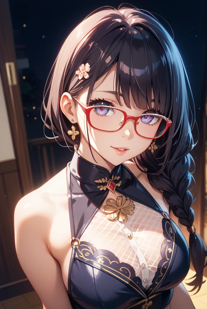 1 girl, full body stand, glasses, ideal breasts, sexy yukata, loose hair, smile, put his face closer to you, face blush, night light, detailed anime face, beautiful eyes, detailed hand, long eyelashes, detailed lips, detailed skin, intricate details, elegant, beautiful lighting, cooled colors, cinematic, soft focus, masterpiece, 8k, ultra-detailed, (best quality, 4k, 8k, highres, masterpiece:1.2), ultra-detailed