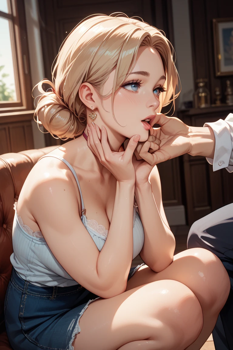 realisticlying、Emphasis on cleavage、 Sideways view、Close-up looking up from below、a 18 year old girl(((Grab your chest with both hands)))、Wearing a gray sweater、Breasts enlarged、A slight smil、Sexy Posing、I'm sweating、Redness of cheeks、Blonde braided hair、Bedrooms、sexly