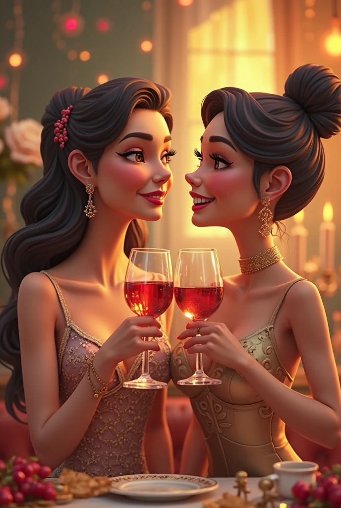 Two older girls, one in yellow and the other in red., Cinderella Blue Party, house background