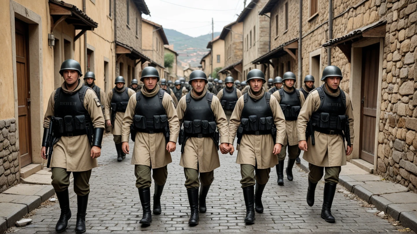A great army beseiging a town, warrior overlooking raiding army
