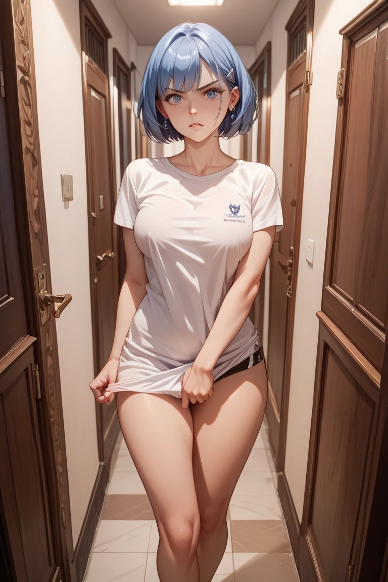 masterpiece, best quality, highres, absurdres, 8k, 4k, official art, 1girl, blue hair, blue eyes, short hair, sitting, white t-shirt, small breasts, facing viewer, full body pic, wearing only a t-shirt,