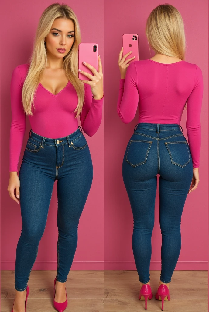 A sexy korean woman, long flowy blonde hair, glossy lips, plump body, long legs, heavy breasts, giant breasts, huge breasts, massive breasts, juicy breasts, succulent breasts, enormous breasts, braless, wearing casual pink tight shirt with rounded-neck jersey short-sleeve, white legging pants, high heels, stilettos, full body, standing on the floor, detailed body, at photo studio, white backdrop, dynamic light, 8K, masterpiece, ultra detailed, random angle