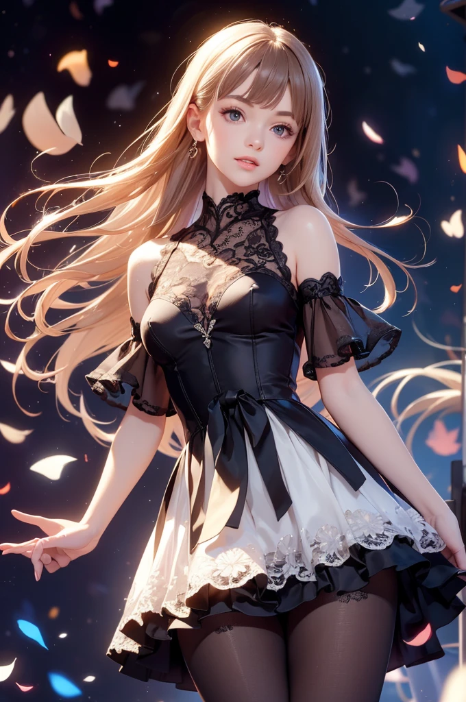 (fullbody, legs and shoes visible: 1.2)) expressive eyes, woman, pale skin, long hair, windblown hair, ((long hair)), long sidelocks, hime bangs, hair fringe, hair bun, ((long twintails)), lush hair, red hair, blushing, full face blushing, big sparkling glowing yellow eyes, (gradient eyes, cheekbones), open mouth smile, cute pose,
flowy flaming dress, ((gold multicolored open dress)), (mist), white ruffles, deep blue frills, (light pink lace), detached short sleeves, puffy skirt, ((fire and stars print skirt : 1.3)), lolita skirt, dark red bows, ((pompon ribbons hair ornament : 1.4)), multiple bows, striped lace stockings, (heart shaped leg garter), cute (dark orange) shoes ((hyperdetailed clothing and fashion)) looking at you, vintage girl, blushing, (beautiful detailed eyes), (extremely detailed CG unity 8k wallpaper) (best shadow), ((an extremely delicate and beautiful)), (detailed light), ((depth of field)) big head, big sparkling eyes, moe, splash art, cinematic lighting, frontal view, volumetric lighting maximalist photo illustration 64k resolution high res intricately detailed complex key visual precise linear 
((in the dark palace background, surrounded by expensive decor, shooting stars)) ((hyperdetailed scenery, foggy, darkness : 1.3))