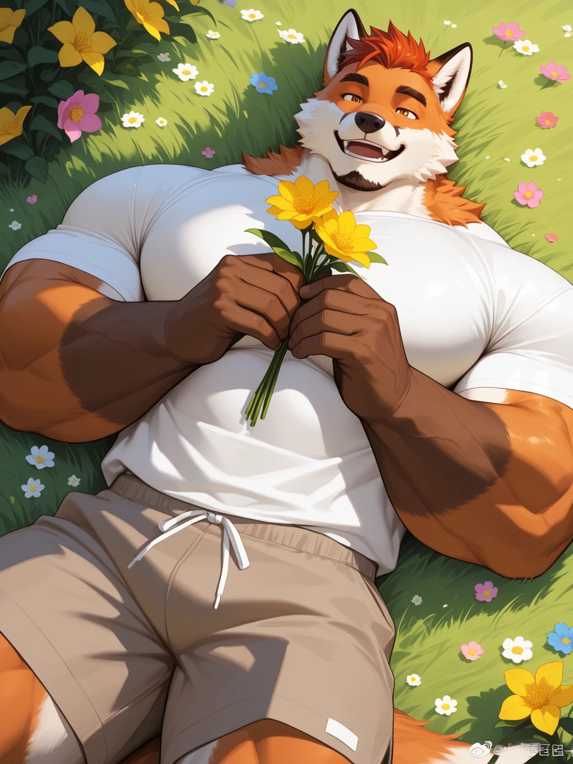 ((Asriel Dreemurr)) with ((neck tuft)) and ((fluffy tail), (detailed white goat x Asriel Dreemurr), (detailed lighting), ((detailed fluffy skin)), (small goat tail), uploaded to e621, [NSFW], big floppy ears, manly face, [laying on a bed of red flowers in a field at night], wide and big male pecs, god form, massive balls, smirk, (GAY), romantic look, bara body, [VERY MUSCULAR BODY], relaxed, ((in black underwear only)), [BULGE], hand behind his head, masterpiece, soft sunlight, detailed, excellent quality 