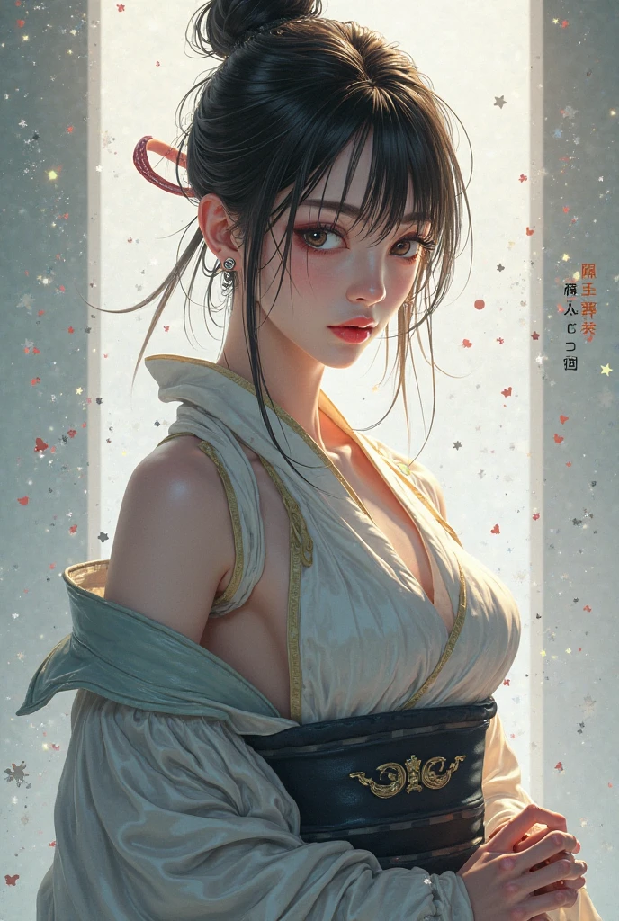 (((8k wallpaper of extremely detailed CG unit, masterpiece, 超A high resolution:1.2, top-quality:1.2, masutepiece, textures and maximum detail))), ((extremely beautiful lady, hair adornments, is standing, Dark hair, White kimono and red obi)), ((The best lighting, extremely delicate and beautiful, ultra-detailliert, extremely detailed beautiful face, Bright pupils, Beautiful and detailed eyes description, Very beautiful body, Top quality real texture skins)), (Exposed cleavage, Exposed shoulders and legs), ((paper lanterns, Komono, Eau, playing in the water, florals, fullmoon, cloudy ash sky, Bamboo, bamboo forrest, Reflectors)), 细致背景,
