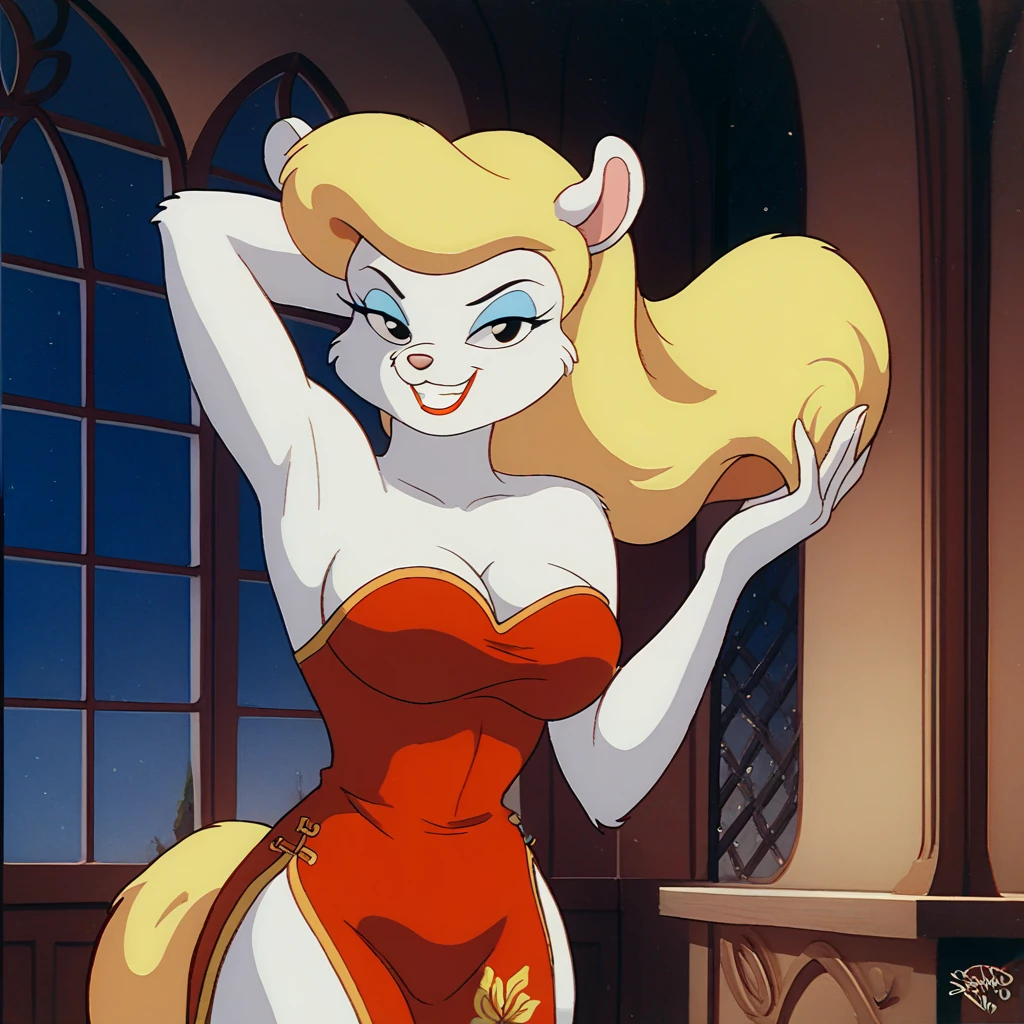 goldie, 1girl, bird girl, long hair, blonde hair, solo, elbow gloves, blue eyes, choker, earrings, ponytail, makeup, fur dress, furry,looking at viewer, smile,full body, hand on own hip, on stage, score_9, score_8_up, score_7_up, score_6_up, on fours, on knees, ass, cameltoe, back view, seductive smile, aroused,