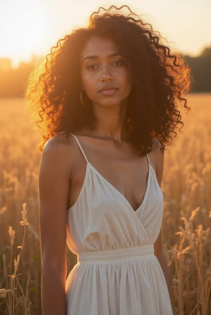 Image of the same real-life woman with light brown skin, age 18, curly hair, wearing a light blue dress, full body, with a huge wide forehead