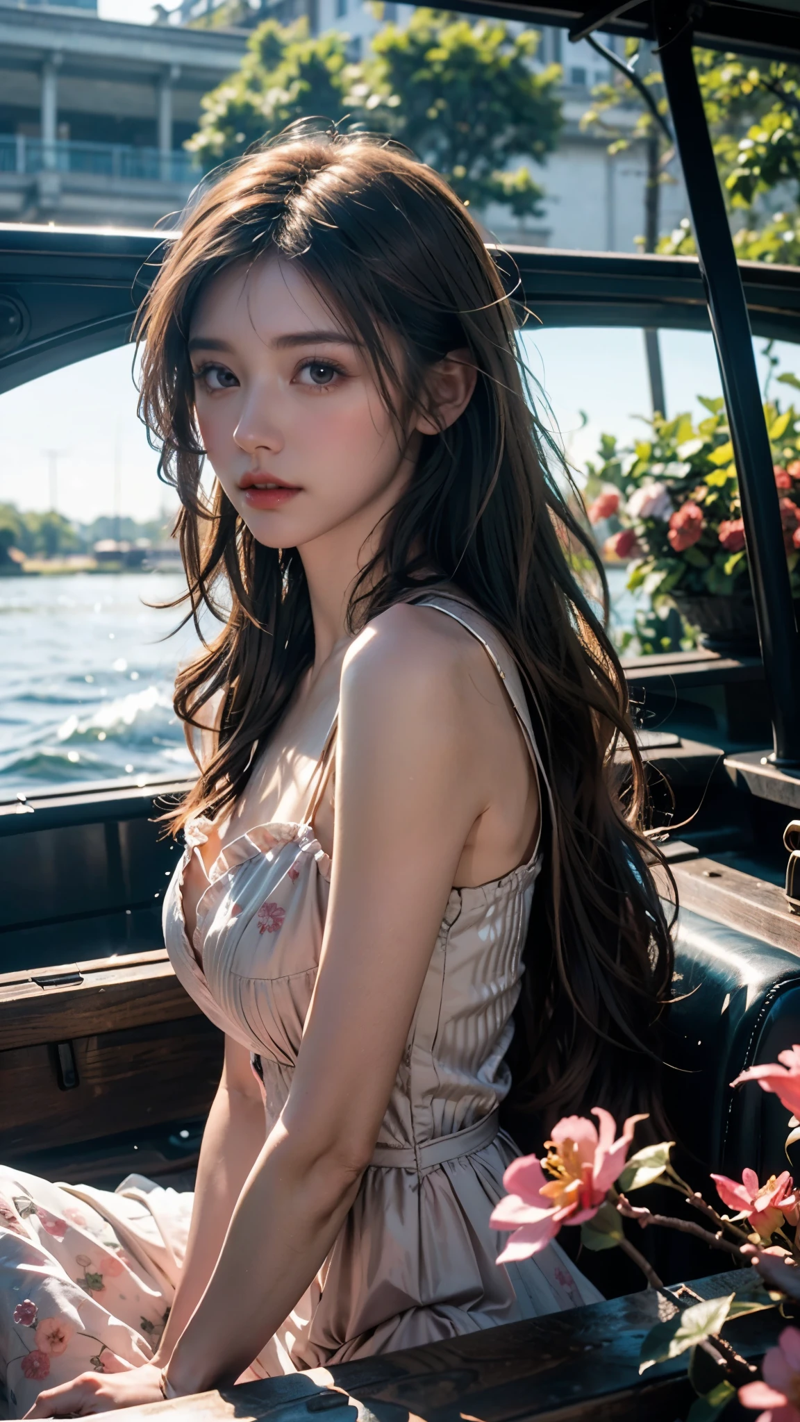 ((Under the big breasts)), (Straight hair to shoulder length: 1.2), (Brown hair),Upper body, （Highly detailed CG 8K wallpapers），（Very sophisticated、Beautiful fece），（masutepiece），（best qualtiy：1.0），（超A high resolution：1.0），Beautiful illumination，Perfect Lightning，realistic shaded，[hight resolution]，Smooth and perfectly fair skin，Very delicate facial details，（Perfect body：1.1），ultra - detailed，beautiful  Girl，small head，attractive collarbone，Thin figure，Thin arms，Relax，steady，（Black sexy bra:1.1），（White short-leg pants：1.1），Autumn，morning，Stand on the sea side，Sunrise in the East，expecting，Close-up shot shots, (sad emotion)