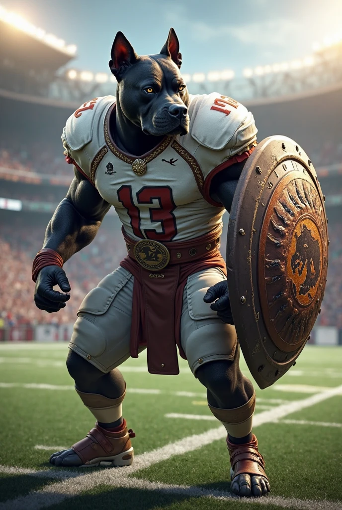 burly virile hairy human, with two wolf ears and a bushy tail, in a suit of armor, middle-aged, hirsute, overmuscular and musclebound, bulging veiny muscles, a warrior's build, a bodybuilder's physique, long bushy and a thick mustache, a square jaw, handsome and dreamy, grey hair, a gladiator in the arena