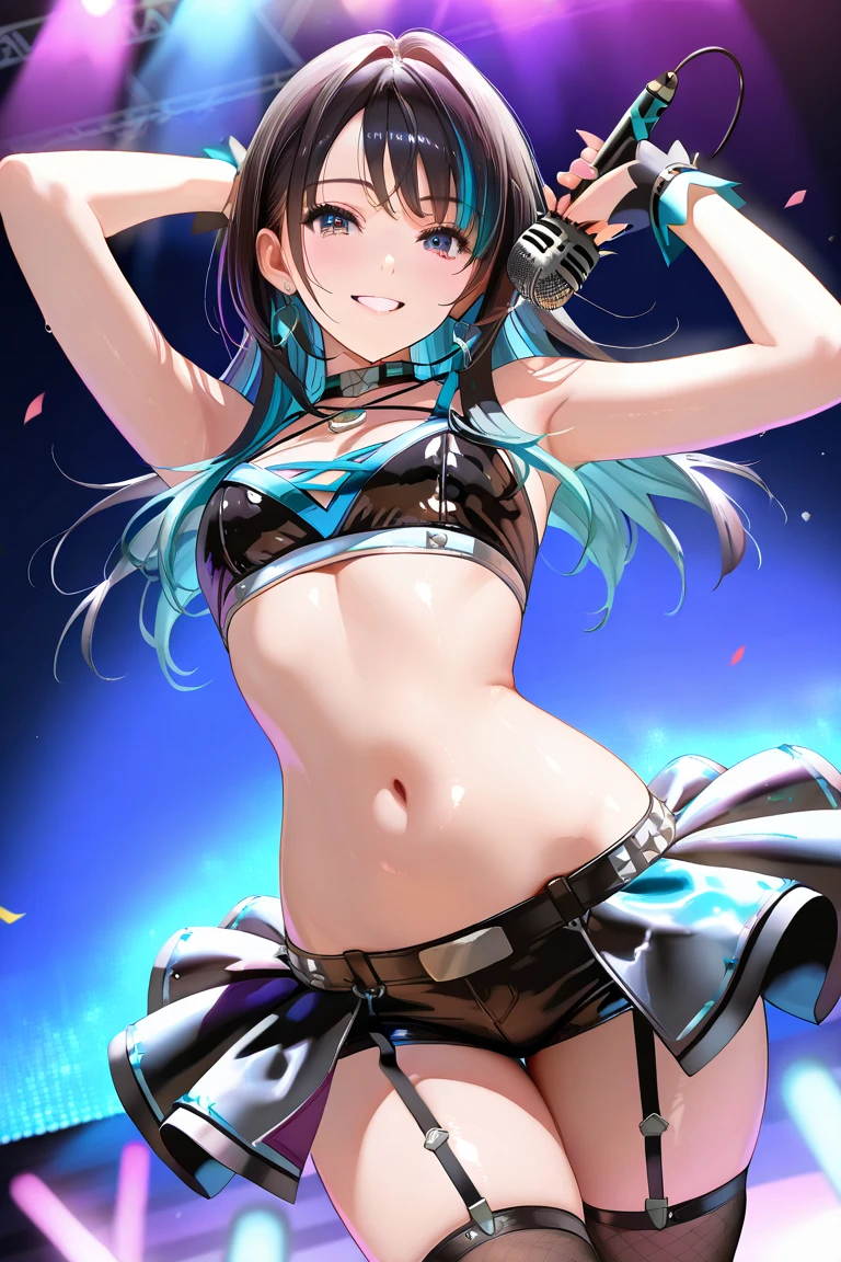 best quality, extremely detailed,anime style girl,long hair down to the waist, straight hair, ((dark black hair with bluish)),((crown braid)),beautiful detailed eyes, pinched eyes, (dark blue eyes),huge breasts,curvy,((((casual colorful swimwear)))),clothing with complex patterns,smile,beach,Sunlight,((Diagonal angle)),((active pose))