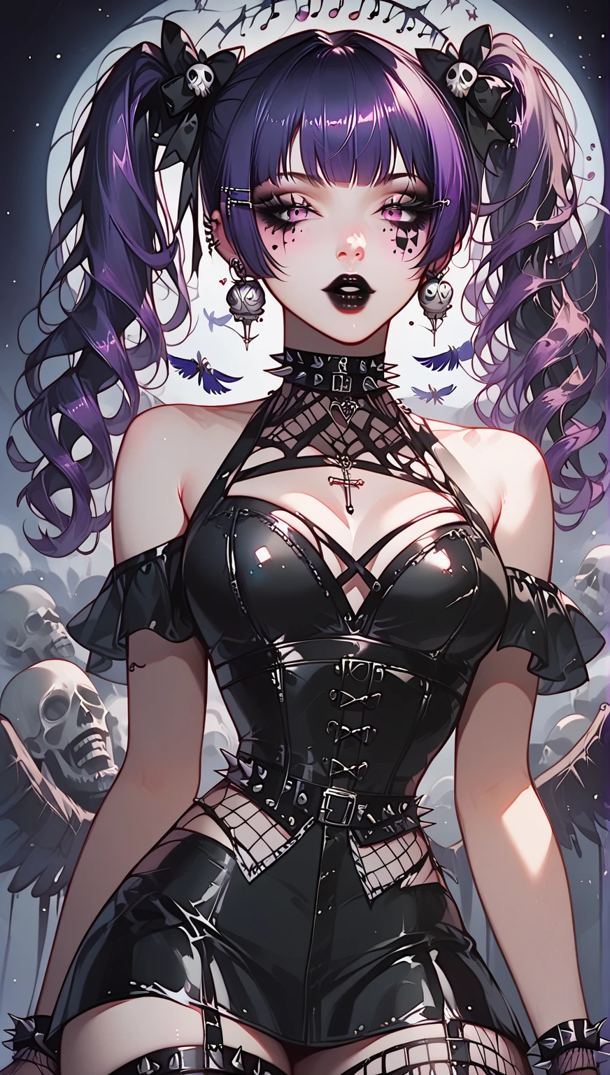 1girl,solo,cool,brilliant eyes,bigbreast,cleavage,purple and black dress,purple,black,darkness,poison,purple aura,skull,