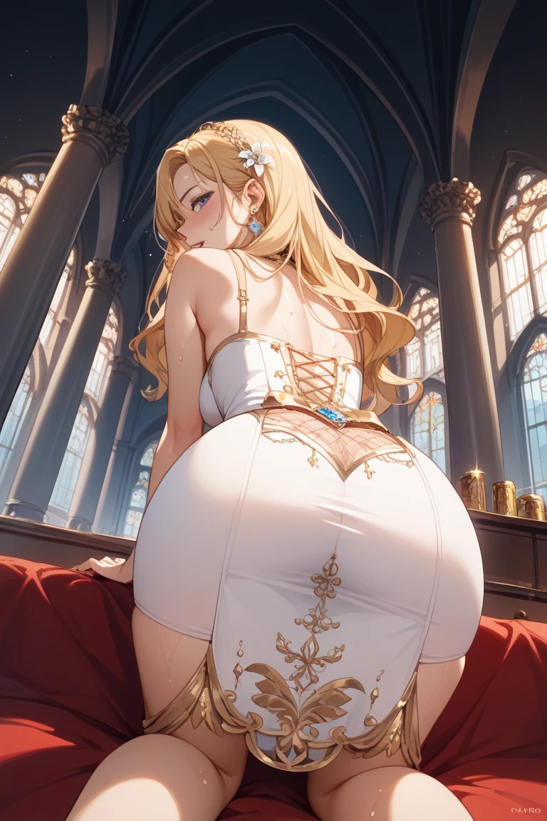 (close up) (full body pose) (jack o challenge) (dress pulled up around waist to expose butt:1.5) (adult woman:1.2) (view from behind:1.5) (view from under) (butt:1.3) (golden halo) golden chain choker, night, dark cozy bedroom, mood lighting, large breasts, very large butt, thin waist, Long HAIR, blonde HAIR, Dynamic Angle, (dynamic lighting:1.2), (gold leaf bracers on arms) (gold leaf hair piece) (elaborate golden necklace) (gold roses on bed) (golden eyes:1.3)