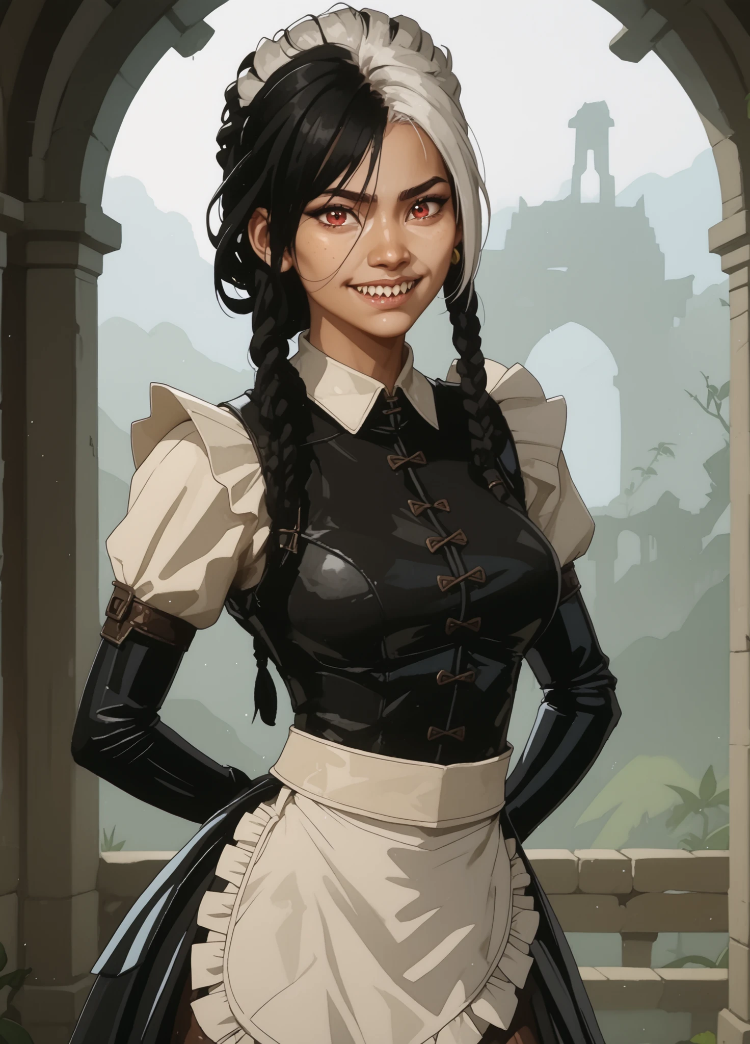 Slender body. Cute 18-year-old Aztec girl with Asian red eyes and sharp teeth and dreadlocks with white highlights. She has a cute and beautiful face. She has a round and young face with a pointy chin. Her body is athletic with abs. She wears medieval an intricate medieval latex clothing with buttons. Background: medieval jungle ruins. Realistic lighting. DnD art-style. Looking at the viewer.