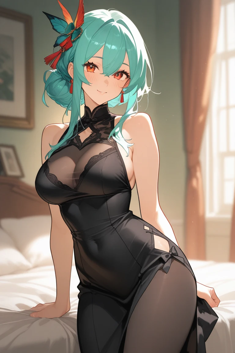 (best quality,masterpiece:1.2,detailed details,4k),((masterpiece)), ((best quality)), (ultra-detailed), anime style,large breast, slim, slender, ashamed, all fours ,Kneeling,Girl with modern gothic makeup, fair skin, long legs, black eyeshadow, camisole, plump figure, earrings and lip studs, fishnet stockings, posing in an attractive pose, lovable expression