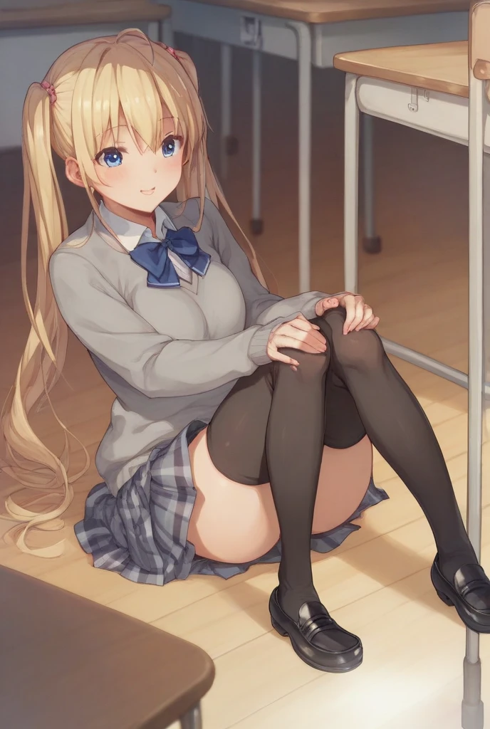 Highest quality, masterpiece, High resolution, (Head to Toe full body), front, frontやや下からの構図, Symmetric, Tall 18 year old girl, alone, (Head to Toe), (Small breasts), disheveled brown hair, bangs, (black tights), (Black Pantyhose), (Sit with your legs apart), (Crouching pose), (Composition showing white panties), (She has her legs spread and her white panties are visible.), (Sit on the floor with your legs spread), (M-shaped foot), Thin legs, とても美しくTall 18 year old girl, (No shoes), blush, Shy big eyes, Looking into the camera, Blazer uniform, Checkered Pleated Skirt、Furukawa Yui