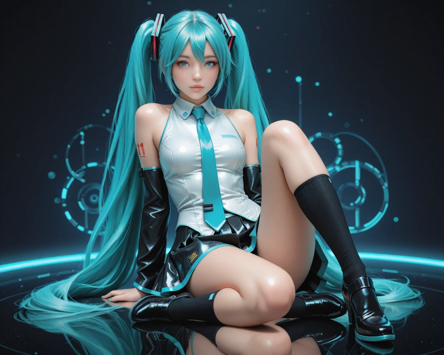 (One lady)、(tmasterpiece)、(best qualtiy)、(ultra - detailed)、(a high chroma)、(CG illustration)、hight contrast、((low angles))、vocaloid、((miku hatsune))、(Fine and beautiful eyes)、Delicate beautiful face、((messy hair))、(( Gundam armor))、see through shirt、(Black stockings)、((B cup breasts))、((teaxs)) 、The best lighting、spread their legs、Floating inside、simple background