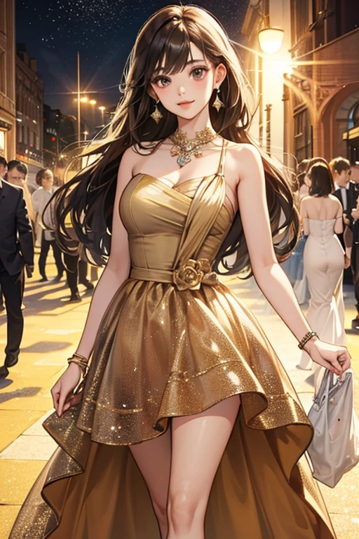 a picture of a female model wearing an evening dress ((lifting a car: 1.5)), glamorous model woman, black hair, long hair, wavy hair, beautiful green eyes, she wears a ((yellow evening dress: 1.5)), elegant, intricate detailed dress, silk dress, small cleavage, ((dress is studded with white flowers: 1.4)), she wears elegant knee high heeled boots, exquisite knee high heeled boots, lifting a sports car, in a cyberpunk street an night background, moon, stars, lamp light, (Masterpiece: 1.5), 16k, highres, best quality, high details, ultra detailed, masterpiece, best quality, (extremely detailed),