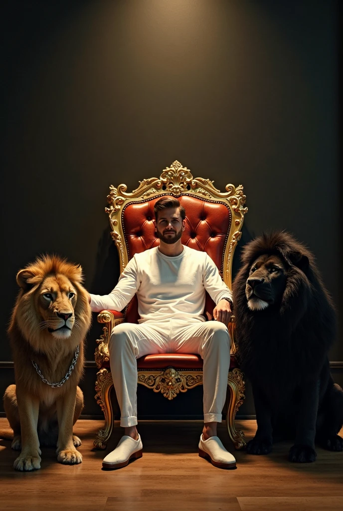 Create a man about 43 years old with ripped jeans , red polo shirt and black leather jacket sitting on the iron throne with black lace-up boots , Next to him there are two lions, one white and one brown, roaring, and two Mexican pennants, one on the throne and the other near the white lion.,On the left side there is a flying dragon spewing fire and on the right side a flying dragon spewing lightning from its mouth. You can see the text "OMEY" There are melted ice cubes with water on the floor. Everything is well detailed, Luxury premiere style. Camera shot of 10k