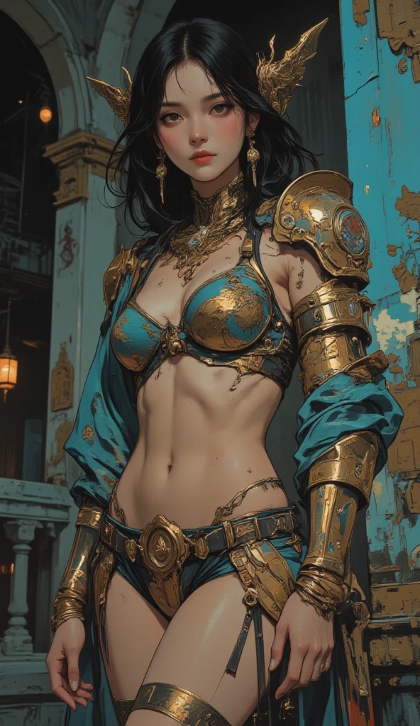 (((mulher))), (((melhor qualidade))), (((obra prima))), (((adulta))), Uma guerreira mulher de 35 anos com corpo perfeito, Brooklyn Gladiators, hand with steel gloves and metal tips, (( under boobs )), quase nua no estilo selvagem urbano de Simon Bisley para a capa da revista Heavy Metal, cabelo loiro, Minimum clothing, armadura (azul escuro com estrelas brancas e vermelho com listras brancas), cheio de pontas e rebites manchadas de tinta, tatuagem de estrelas de 5 pontas, (((corpo inteiro))), cabelo preto curto com franja branca cobrindo a testa