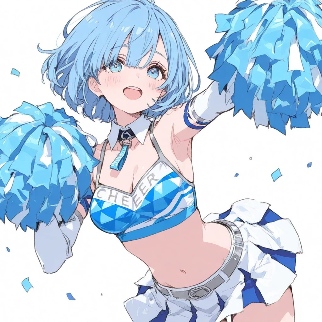 (masterpiece:1.3), (best quality:1.3), high resolution,
overlook view, couboy shot,
leaning forward, body facing forward,
(one cute girl:1.3), solo,
white skin, small Breast, eight-headed person,
light blue hair, (bobbed hair:1.2), (short hair:1.1), (blunt bangs:1.2), beautiful hair, blue eyes, beautiful detailed eyes,
blush, open mouth, cheerful smile,
(rabbit ears:1.3), frill, cheerleader girl, cheerleading pompons, white and blue clothes, earrings,
(white background:1.2),
shadowlighting,