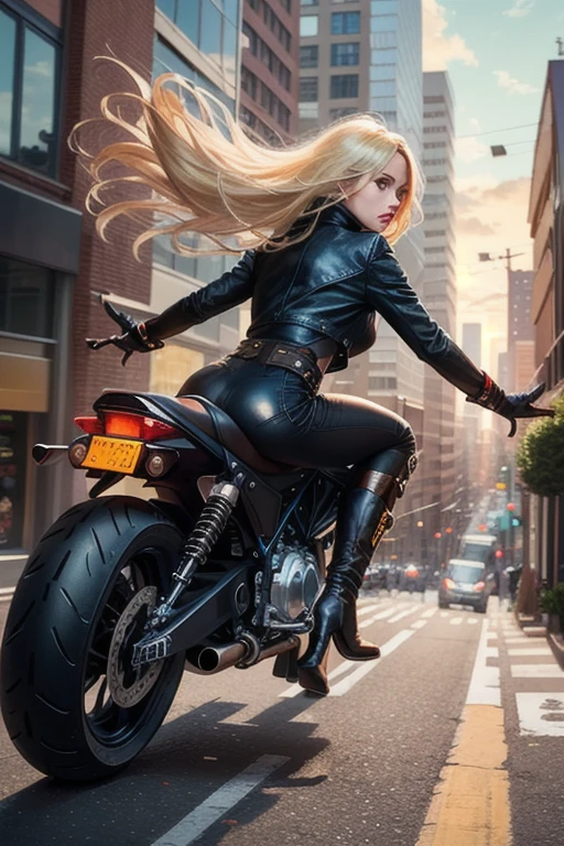 Beautiful and sexy woman in black leather full body suit, a woman riding a large motorcycle, short brown curly hair, hair blowing in the wind, red lipstick, Fujiko Mine from the anime Lupin III, Fujiko Mine, slender figure and beautiful bell-shaped breasts, high heeled black boots, Gotham City at night,